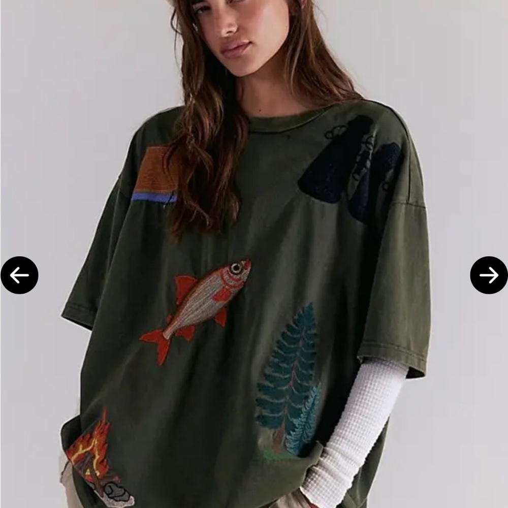 Free People Denim & Bone embroidered oversized tee NWT 🌲 🐟 ⛺️